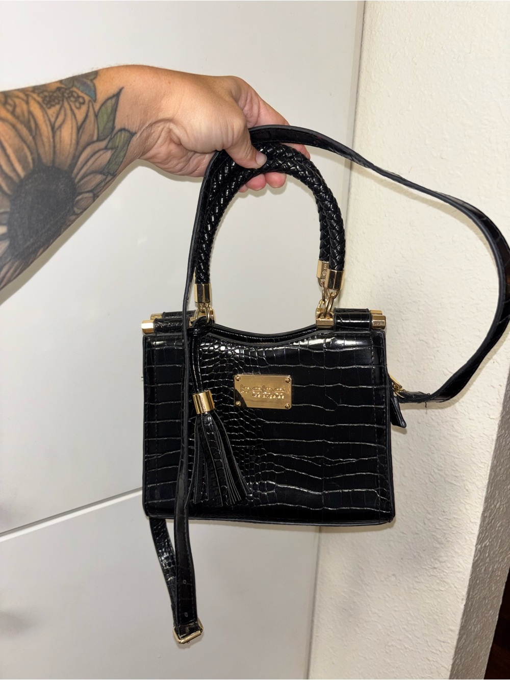 bebe Black Croc-Embossed Satchel with Gold Accents